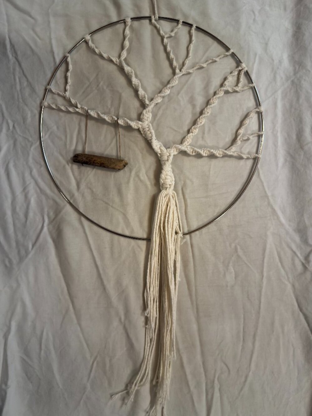 12" Silver Round Ring Boho Macrame Cream Natural Tree of Life with Wood Swing
